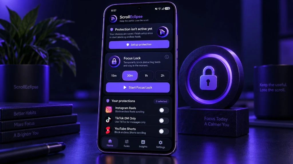 ScrollEclipse app showing protection controls and the Reels Blocked intervention screen
