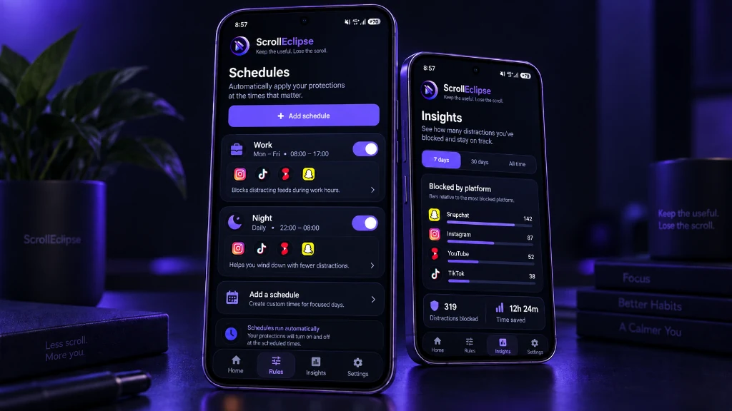 ScrollEclipse Schedules and local Insights stats showing 319 distractions blocked and time saved
