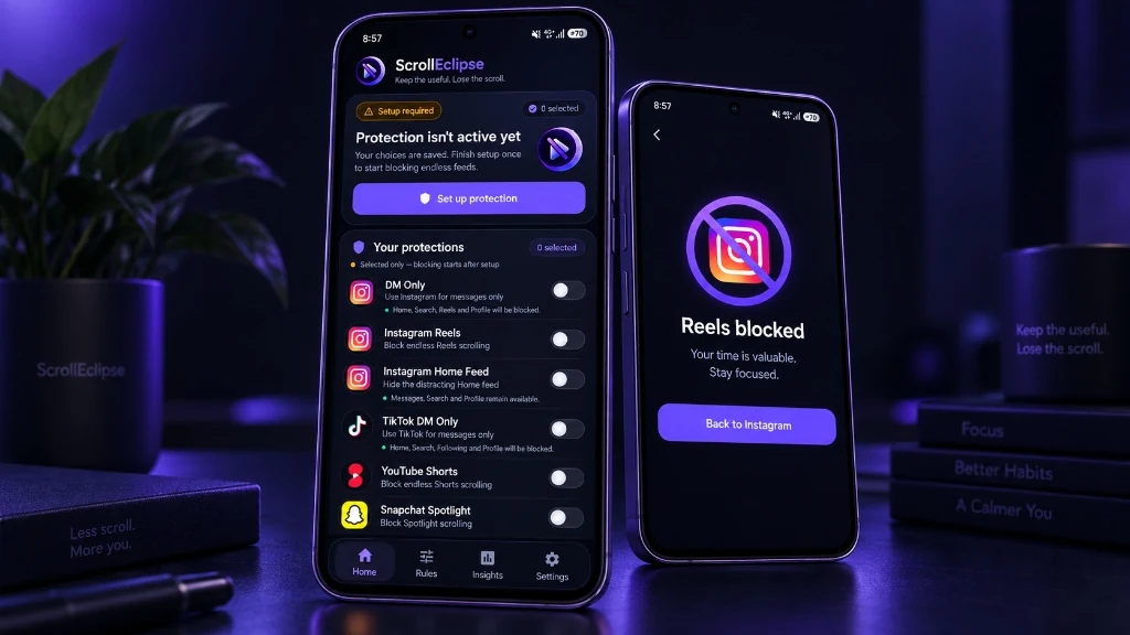 ScrollEclipse Focus Lock interface with selectable duration timers and studio display lock