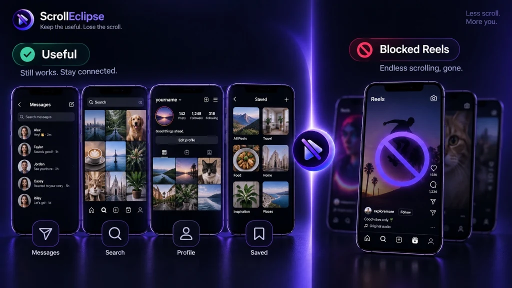 Diagram showing ScrollEclipse keeping useful Instagram features while blocking endless Reels