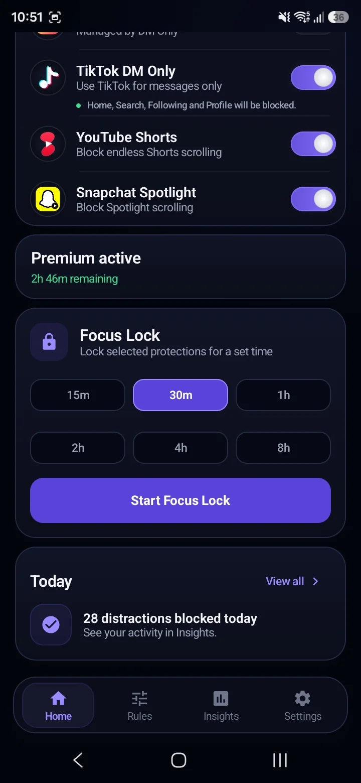 ScrollEclipse Focus Lock screen showing duration picker and Start Focus Lock button