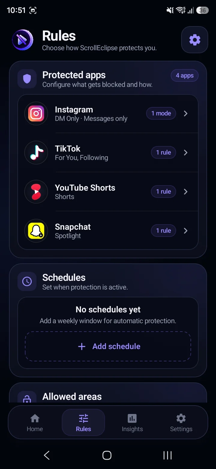 ScrollEclipse Rules screen showing Protected apps and Schedules configuration