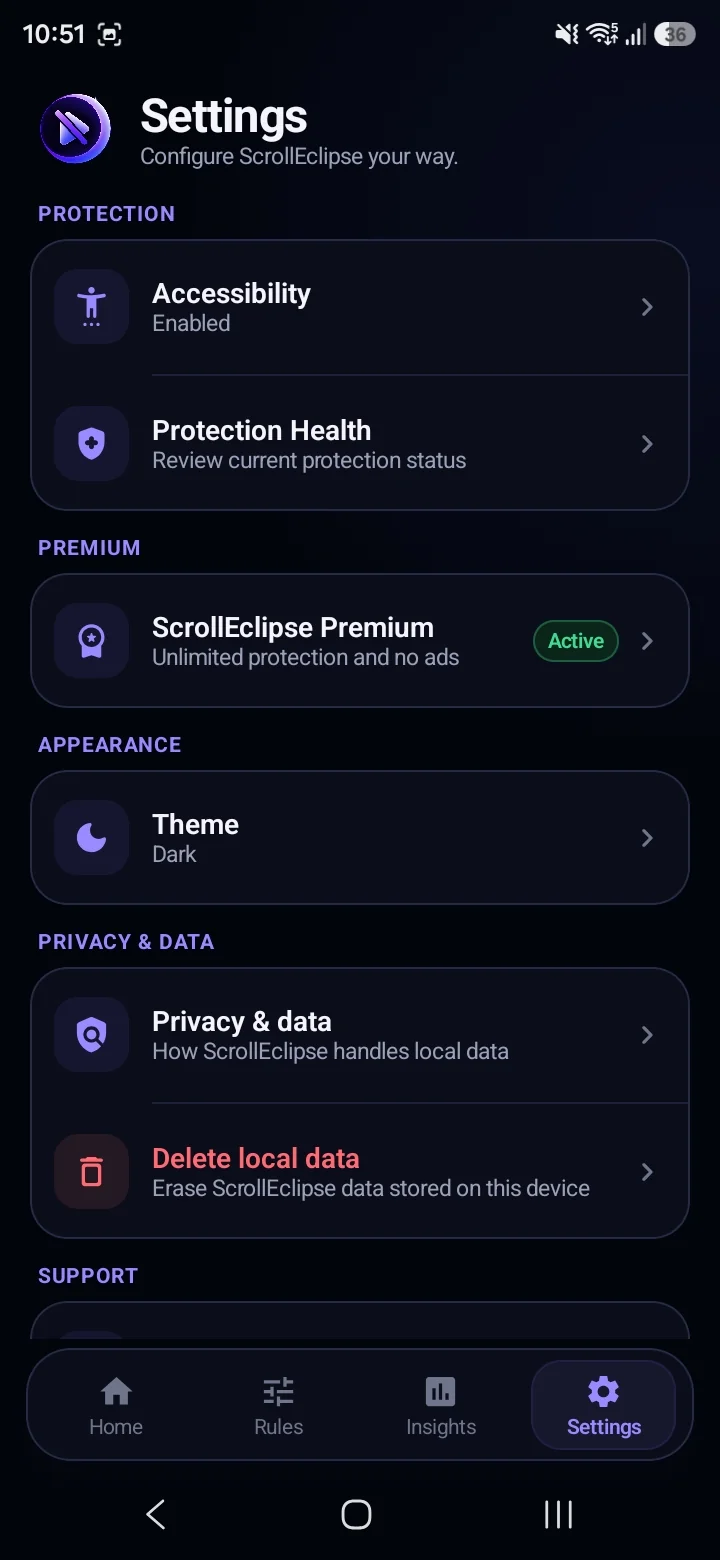 ScrollEclipse Settings screen showing Accessibility, Protection Health, Premium and Privacy & Data